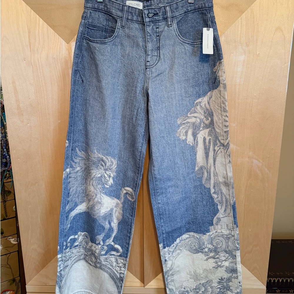 Anthropologie Blue Denim Wide-Leg Jeans with Beige Baroque Motif - Picture 2 of 5